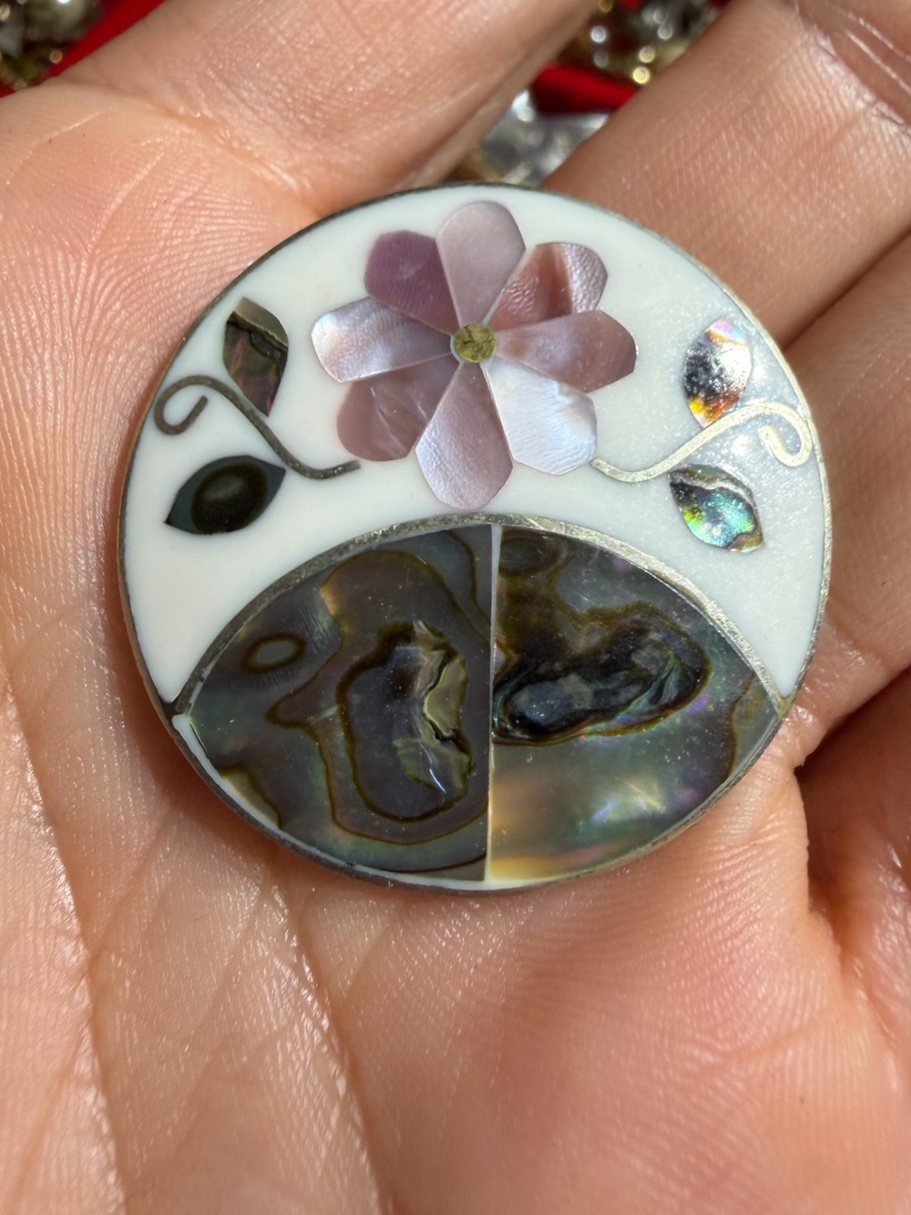 Vintage Silver Tone Alpaca Abalone Floral Brooch Pendant